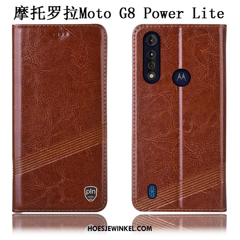 Moto G8 Power Lite Hoesje Echt Leer Patroon Bescherming, Moto G8 Power Lite Hoesje Zwart Mobiele Telefoon