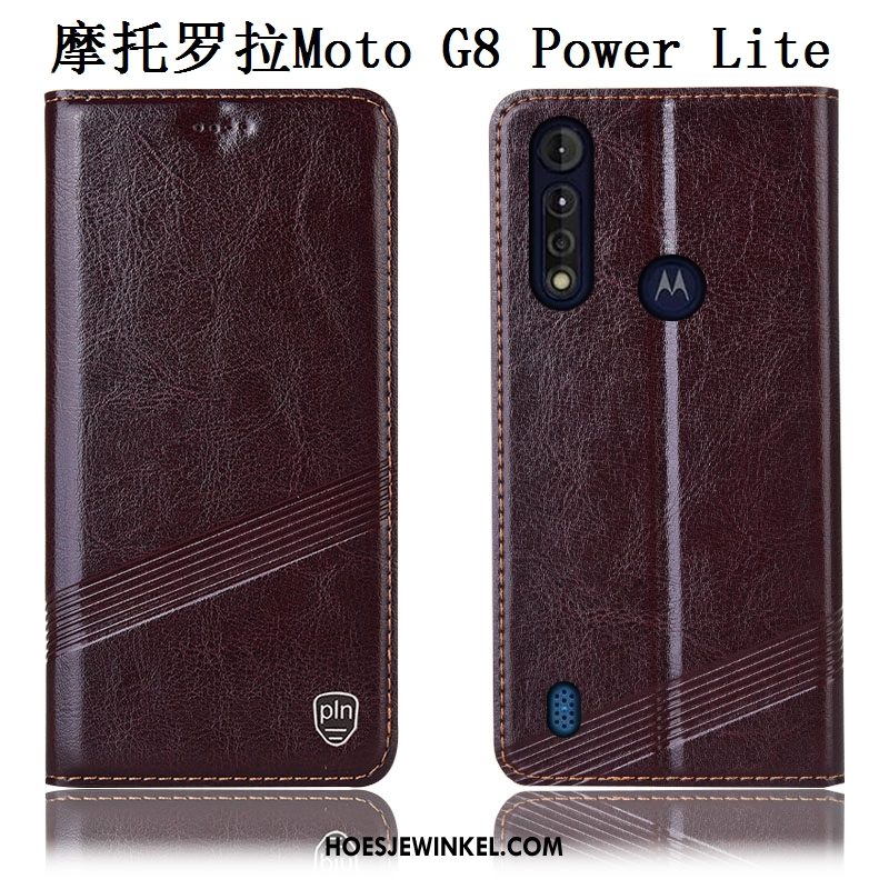 Moto G8 Power Lite Hoesje Echt Leer Patroon Bescherming, Moto G8 Power Lite Hoesje Zwart Mobiele Telefoon