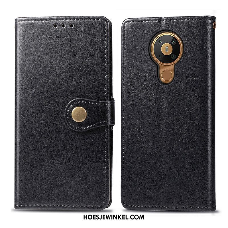 Nokia 5.3 Hoesje Hanger Folio Effen Kleur, Nokia 5.3 Hoesje Eenvoudige Leren Etui Braun