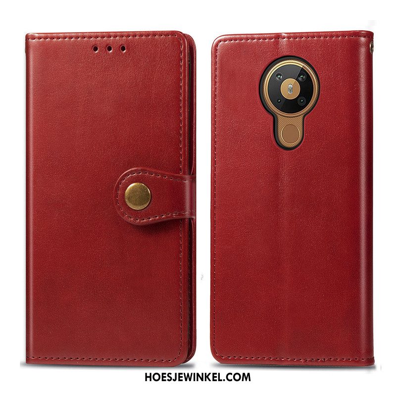 Nokia 5.3 Hoesje Hanger Folio Effen Kleur, Nokia 5.3 Hoesje Eenvoudige Leren Etui Braun