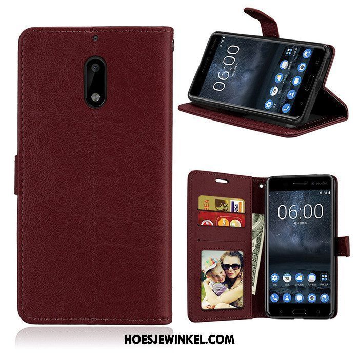 Nokia 6 Hoesje Leren Etui Anti-fall Folio, Nokia 6 Hoesje Bescherming Rood