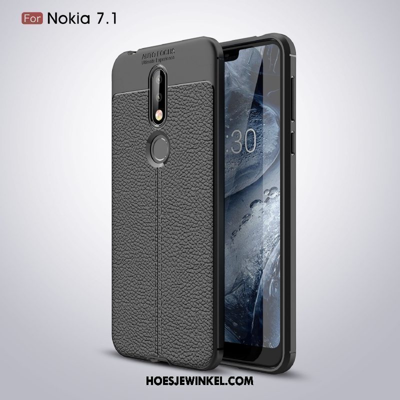 Nokia 7.1 Hoesje Bescherming Hoes Zwart, Nokia 7.1 Hoesje Patroon Leer