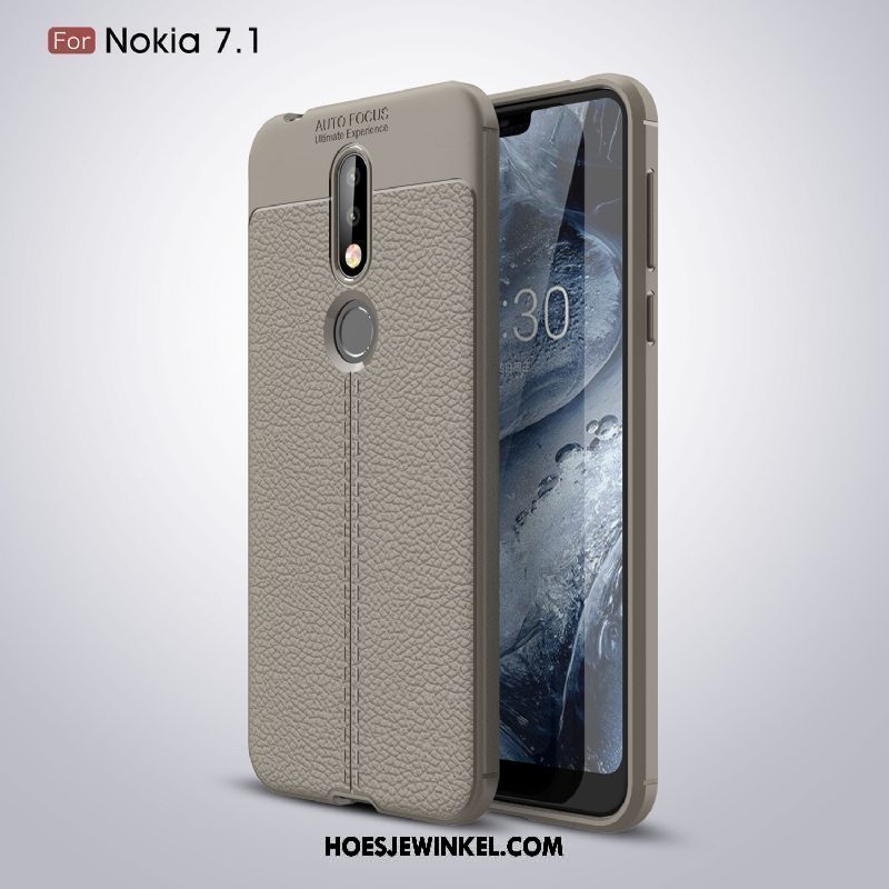 Nokia 7.1 Hoesje Bescherming Hoes Zwart, Nokia 7.1 Hoesje Patroon Leer