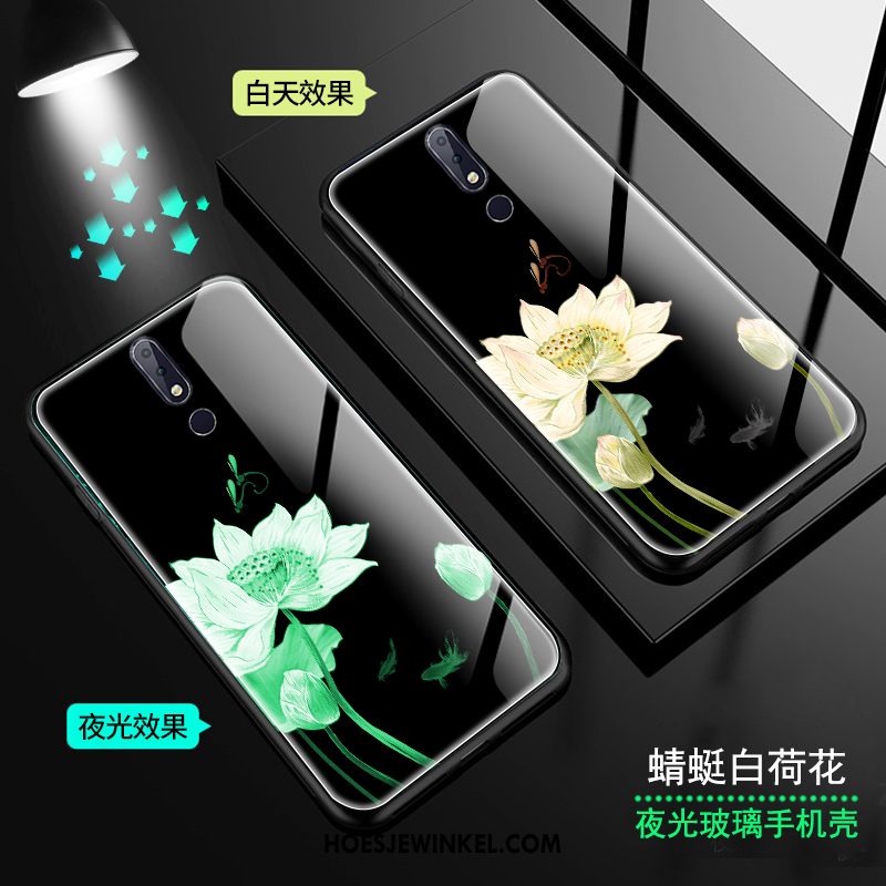 Nokia 7.1 Hoesje Groen Glas Bloemen, Nokia 7.1 Hoesje Mobiele Telefoon Lichtende