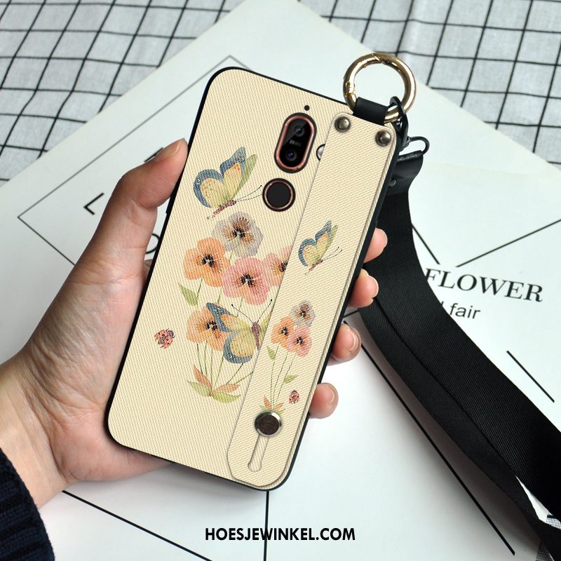 Nokia 7 Plus Hoesje Hanger Vlinder Zacht, Nokia 7 Plus Hoesje Anti-fall Bloemen Beige