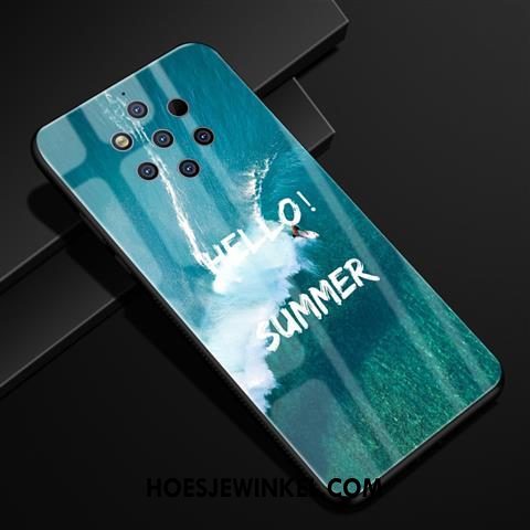 Nokia 9 Pureview Hoesje Blauw Scheppend Patroon, Nokia 9 Pureview Hoesje Glas Bescherming