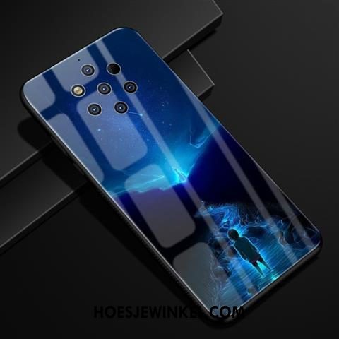 Nokia 9 Pureview Hoesje Blauw Scheppend Patroon, Nokia 9 Pureview Hoesje Glas Bescherming