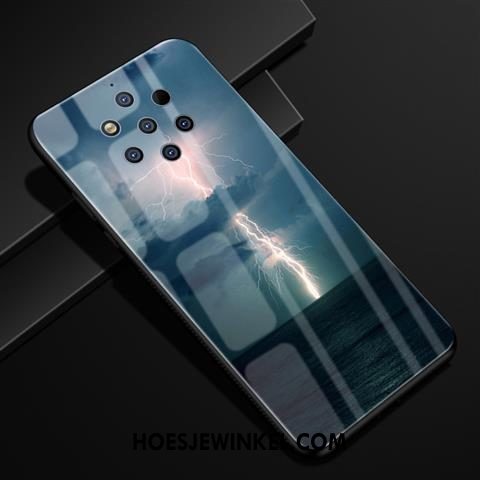 Nokia 9 Pureview Hoesje Blauw Scheppend Patroon, Nokia 9 Pureview Hoesje Glas Bescherming