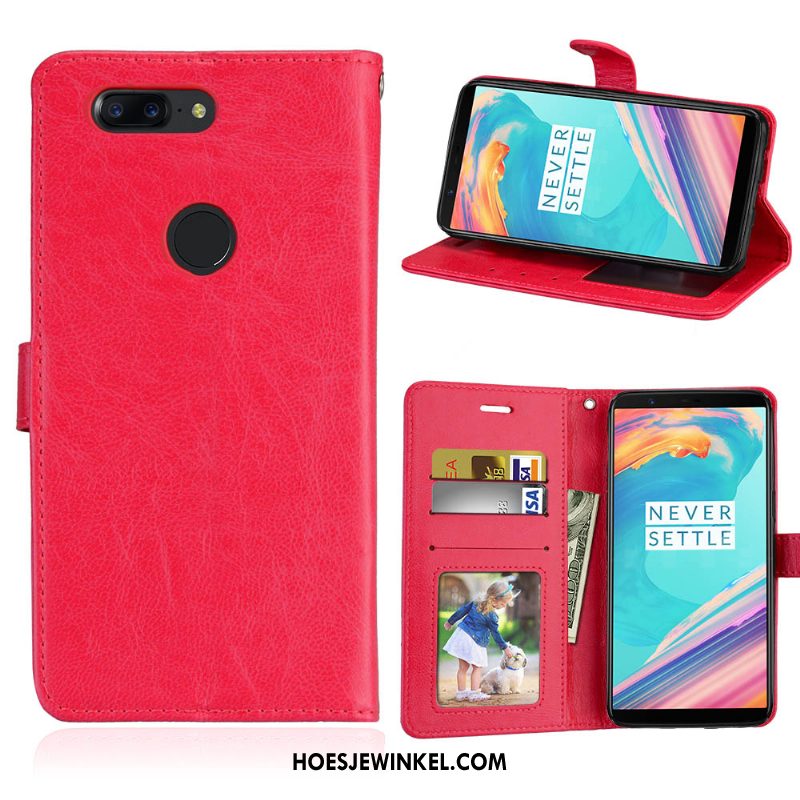 Oneplus 5t Hoesje Rood Folio Portemonnee, Oneplus 5t Hoesje Leren Etui Mobiele Telefoon