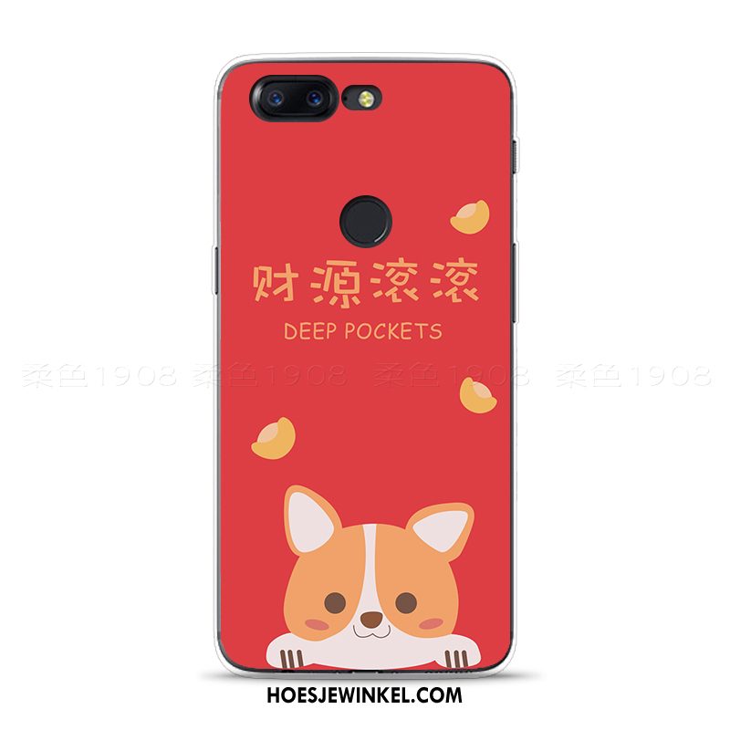 Oneplus 5t Hoesje Rood Zacht Chinese Stijl, Oneplus 5t Hoesje Vreugdevol Hond