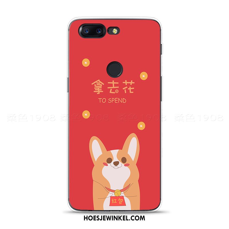 Oneplus 5t Hoesje Rood Zacht Chinese Stijl, Oneplus 5t Hoesje Vreugdevol Hond