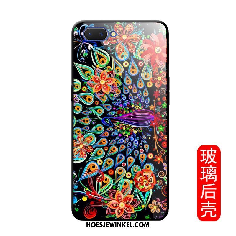 Oppo A3s Hoesje Mobiele Telefoon Vintage Bloemen, Oppo A3s Hoesje Pauwen Zwart