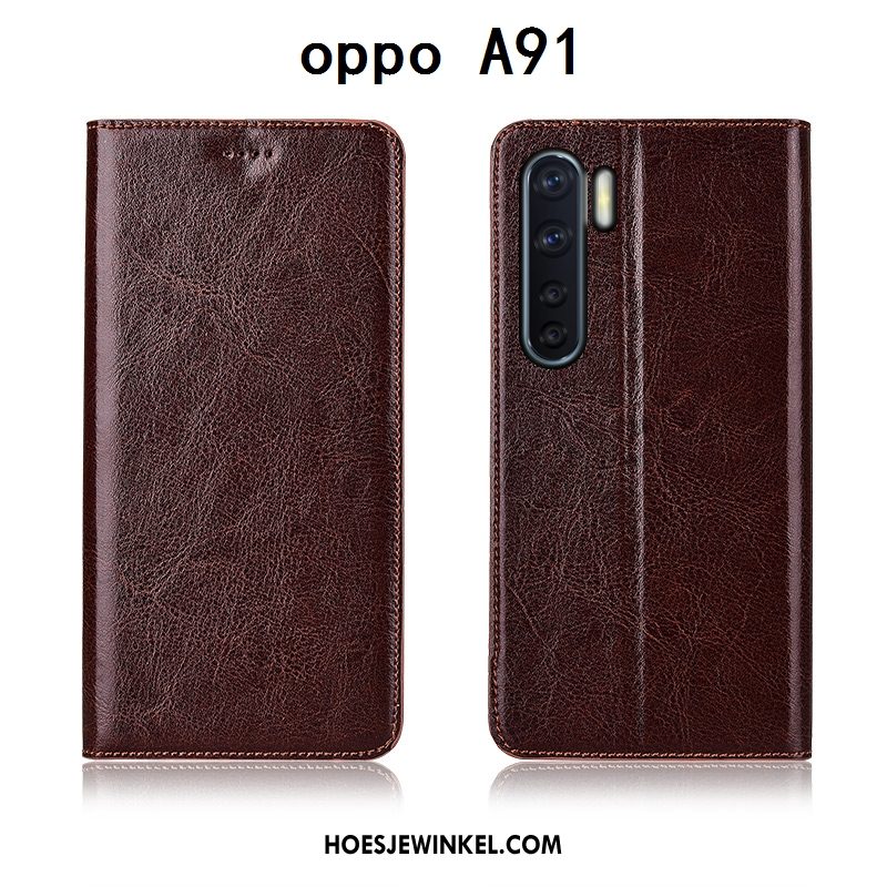 Oppo A91 Hoesje Anti-fall Mobiele Telefoon All Inclusive, Oppo A91 Hoesje Echt Leer Zwart