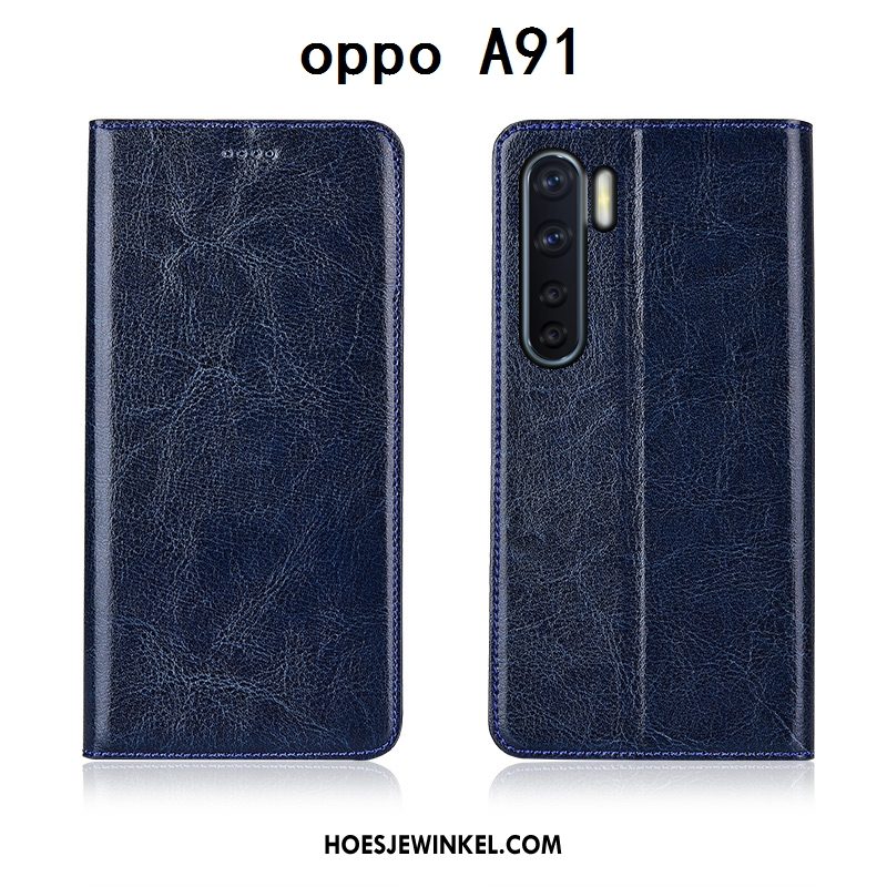 Oppo A91 Hoesje Anti-fall Mobiele Telefoon All Inclusive, Oppo A91 Hoesje Echt Leer Zwart