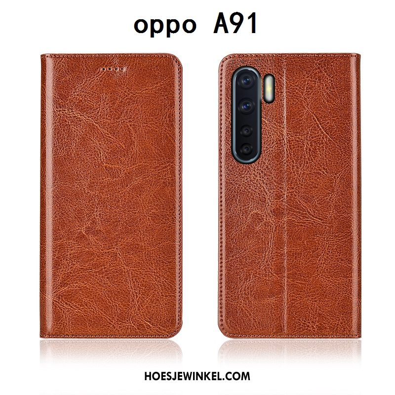 Oppo A91 Hoesje Anti-fall Mobiele Telefoon All Inclusive, Oppo A91 Hoesje Echt Leer Zwart