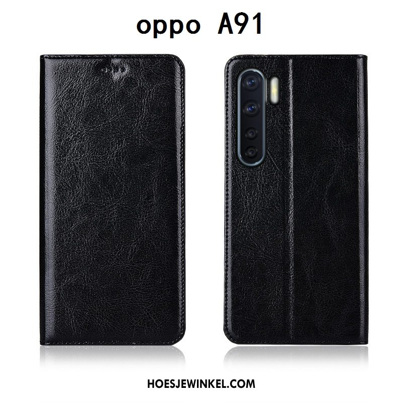 Oppo A91 Hoesje Anti-fall Mobiele Telefoon All Inclusive, Oppo A91 Hoesje Echt Leer Zwart