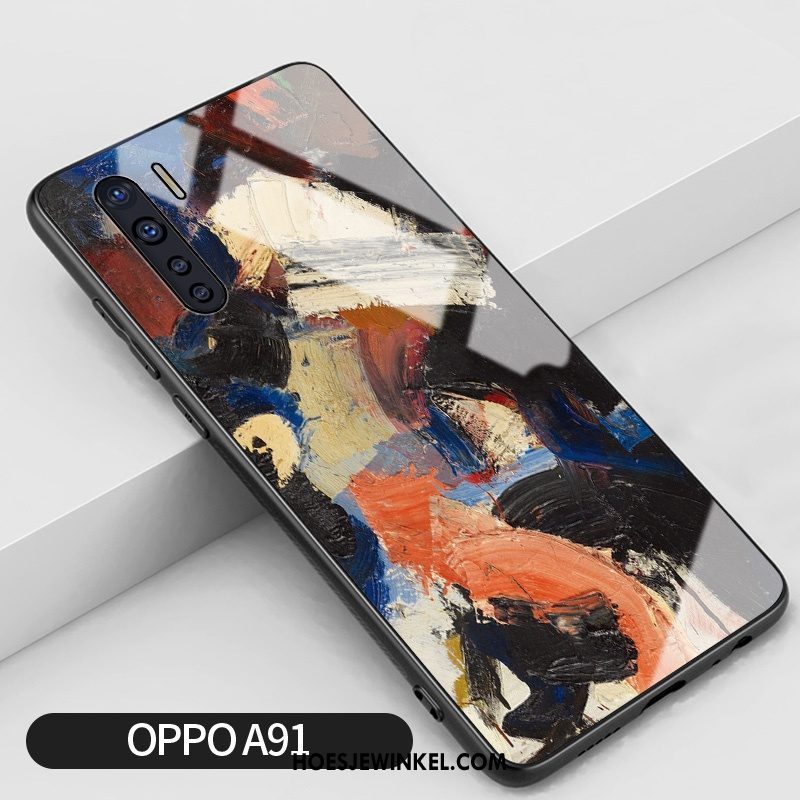 Oppo A91 Hoesje Glas Eenvoudige Graffiti, Oppo A91 Hoesje Spiegel Anti-fall