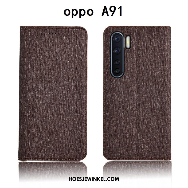 Oppo A91 Hoesje Leren Etui Zacht Katoen En Linnen, Oppo A91 Hoesje Siliconen All Inclusive