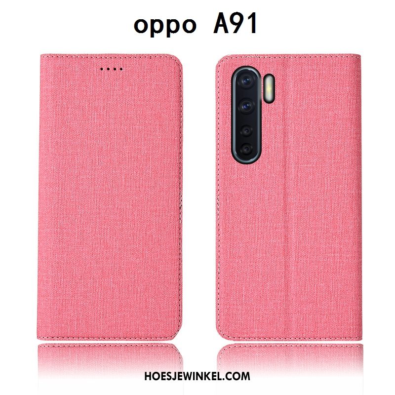 Oppo A91 Hoesje Leren Etui Zacht Katoen En Linnen, Oppo A91 Hoesje Siliconen All Inclusive