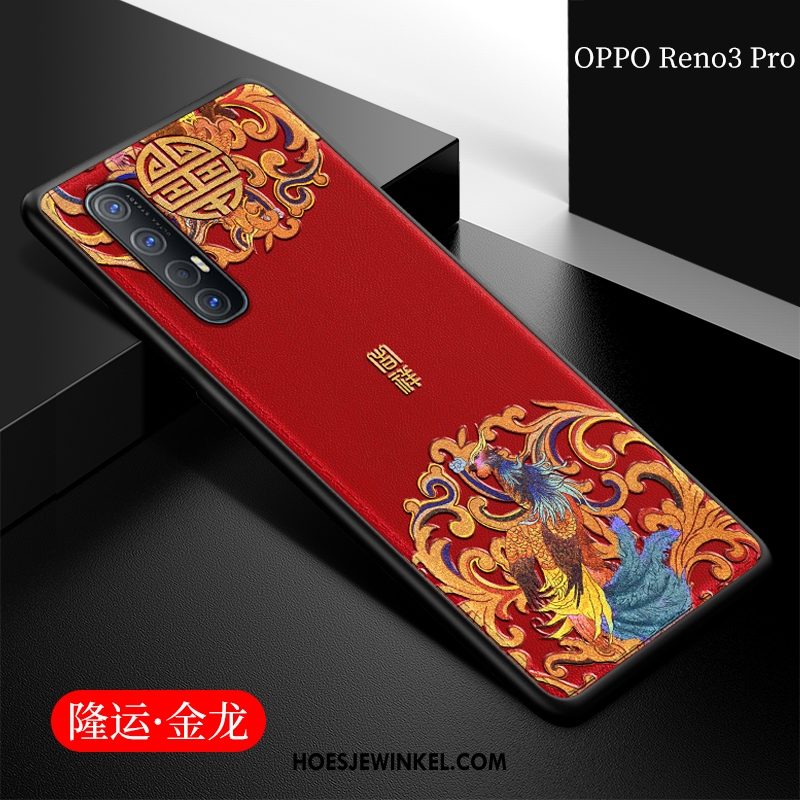 Oppo Reno 3 Pro Hoesje Blauw Reliëf Leren Etui, Oppo Reno 3 Pro Hoesje Zacht Mobiele Telefoon