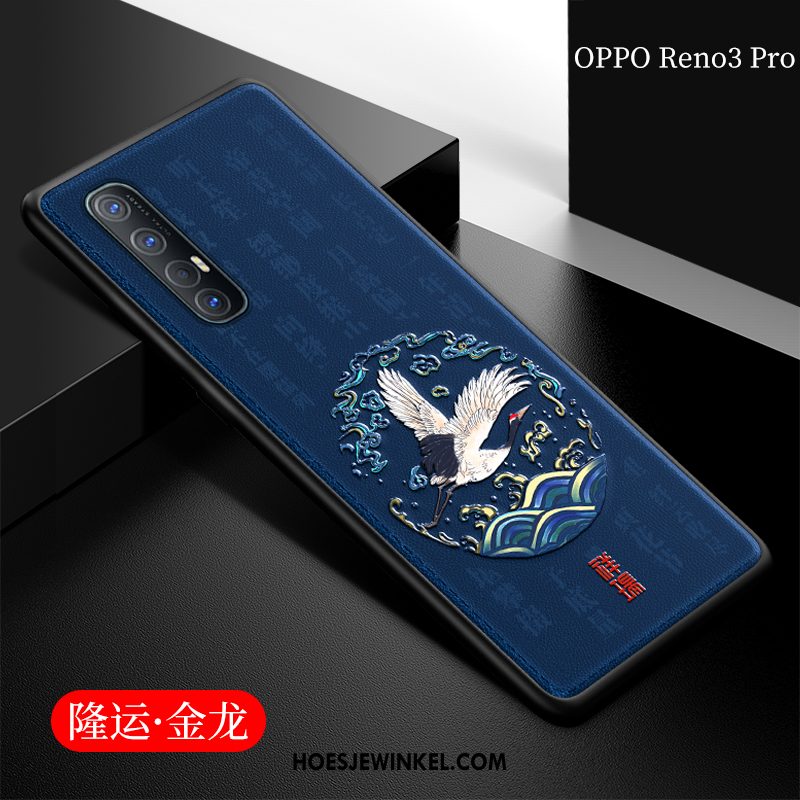 Oppo Reno 3 Pro Hoesje Blauw Reliëf Leren Etui, Oppo Reno 3 Pro Hoesje Zacht Mobiele Telefoon