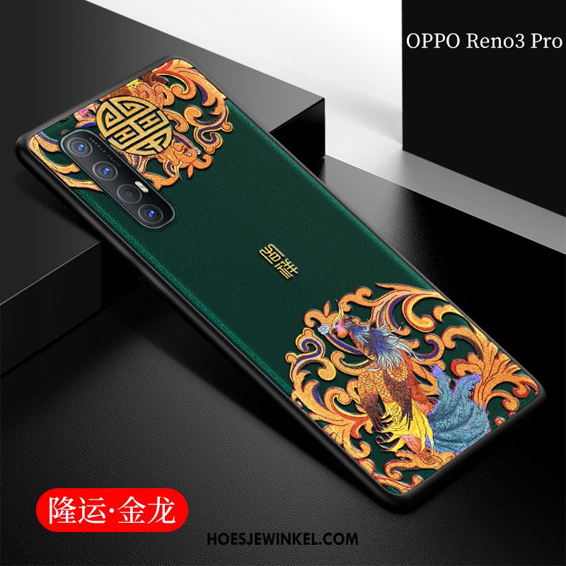 Oppo Reno 3 Pro Hoesje Blauw Reliëf Leren Etui, Oppo Reno 3 Pro Hoesje Zacht Mobiele Telefoon