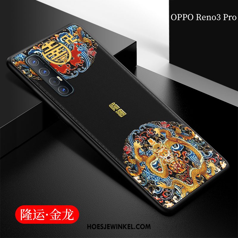 Oppo Reno 3 Pro Hoesje Blauw Reliëf Leren Etui, Oppo Reno 3 Pro Hoesje Zacht Mobiele Telefoon