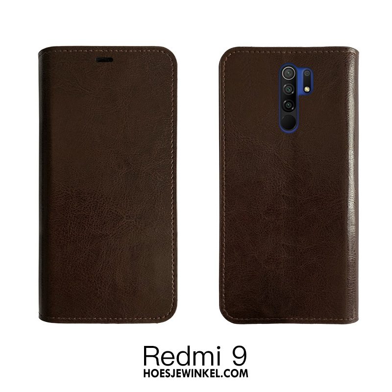 Redmi 9 Hoesje Mobiele Telefoon Leer Folio, Redmi 9 Hoesje Echt Leer Bedrijf Beige