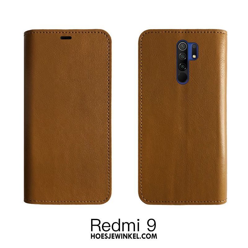 Redmi 9 Hoesje Mobiele Telefoon Leer Folio, Redmi 9 Hoesje Echt Leer Bedrijf Beige