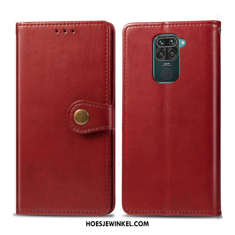 Redmi Note 9 Hoesje Rood Folio Eenvoudige, Redmi Note 9 Hoesje Effen Kleur Leren Etui Braun Beige