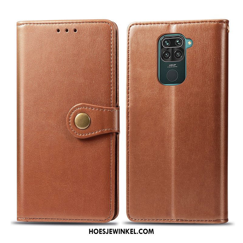 Redmi Note 9 Hoesje Rood Folio Eenvoudige, Redmi Note 9 Hoesje Effen Kleur Leren Etui Braun Beige