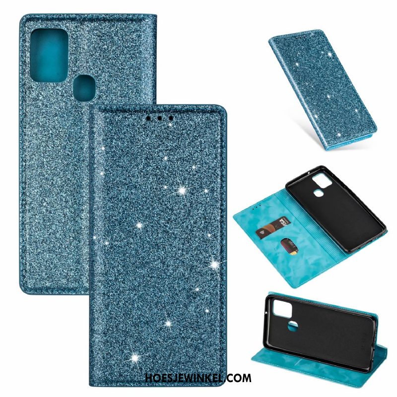 Samsung Galaxy A21s Hoesje Clamshell Ster Leren Etui, Samsung Galaxy A21s Hoesje Zwart Klittenband