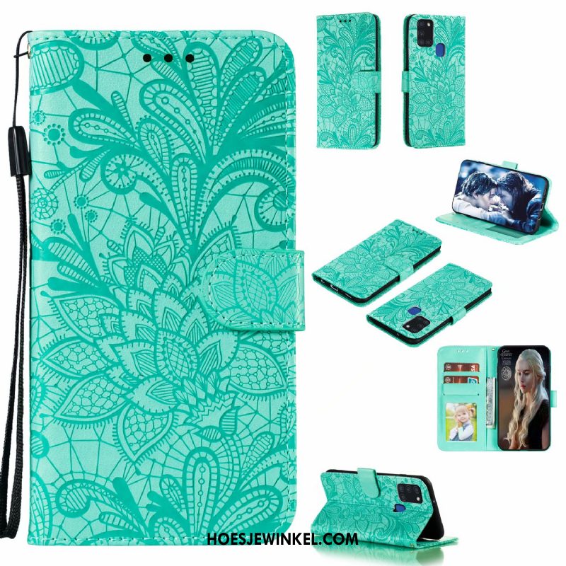 Samsung Galaxy A21s Hoesje Leren Etui Ster Groen, Samsung Galaxy A21s Hoesje Kant Mobiele Telefoon