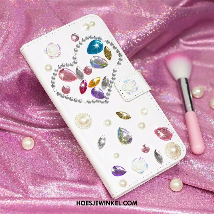 Samsung Galaxy A7 2018 Hoesje Wit Ondersteuning Met Strass, Samsung Galaxy A7 2018 Hoesje Anti-fall Leren Etui