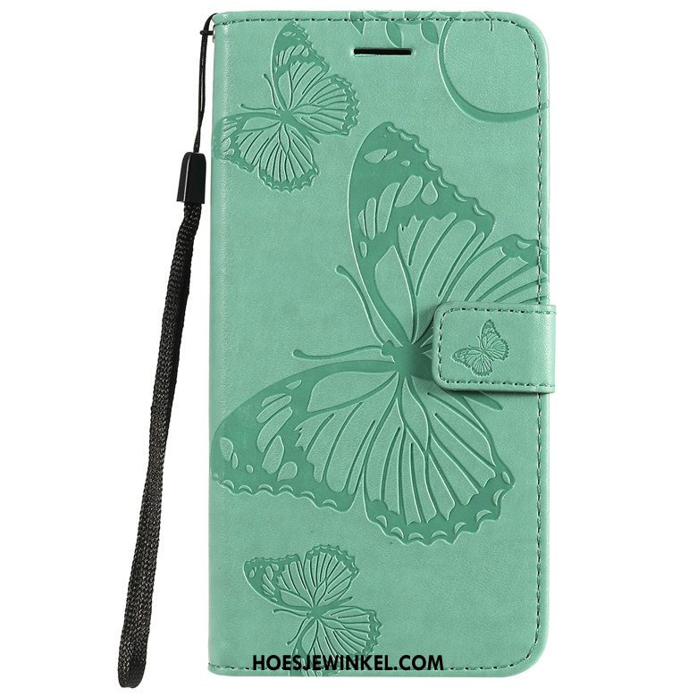 Samsung Galaxy A71 Hoesje Groen Leren Etui Anti-fall, Samsung Galaxy A71 Hoesje Vlinder Bloemen Folio