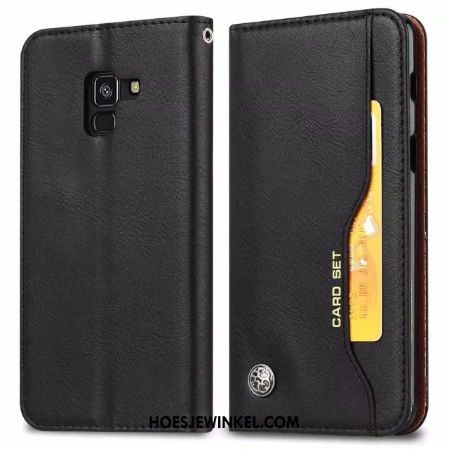 Samsung Galaxy A8 2018 Hoesje Kaart Ster Folio, Samsung Galaxy A8 2018 Hoesje Licht Leren Etui Braun