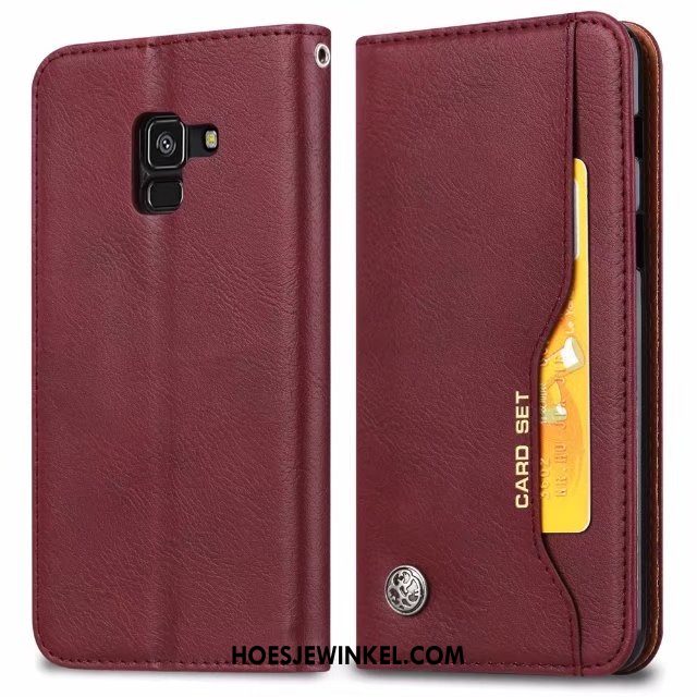 Samsung Galaxy A8 2018 Hoesje Kaart Ster Folio, Samsung Galaxy A8 2018 Hoesje Licht Leren Etui Braun