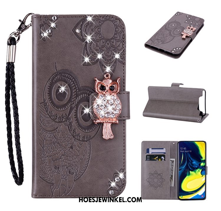 Samsung Galaxy A80 Hoesje Wijnrood Ster Leren Etui, Samsung Galaxy A80 Hoesje Mobiele Telefoon