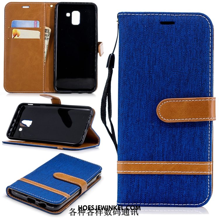 Samsung Galaxy J6 Hoesje Leren Etui Folio Blauw, Samsung Galaxy J6 Hoesje Mobiele Telefoon Denim