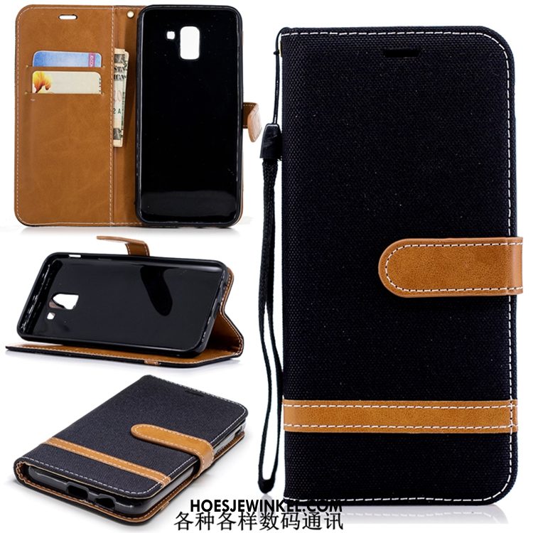 Samsung Galaxy J6 Hoesje Leren Etui Folio Blauw, Samsung Galaxy J6 Hoesje Mobiele Telefoon Denim