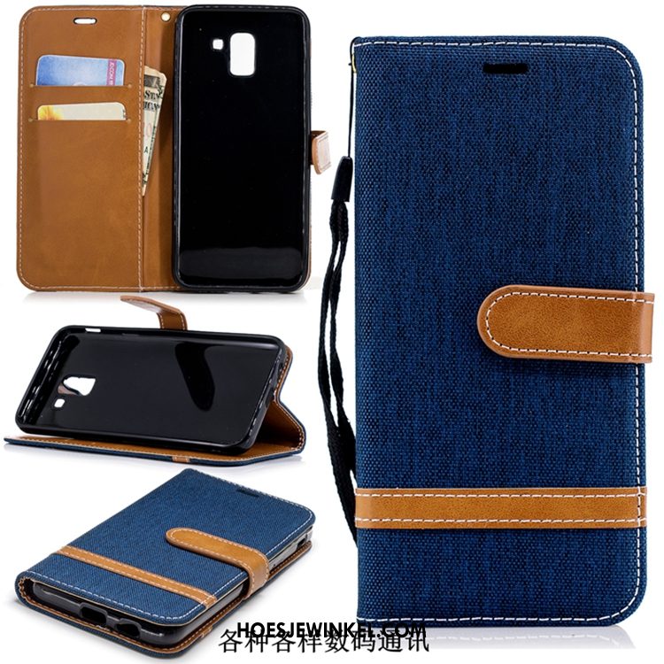 Samsung Galaxy J6 Hoesje Leren Etui Folio Blauw, Samsung Galaxy J6 Hoesje Mobiele Telefoon Denim