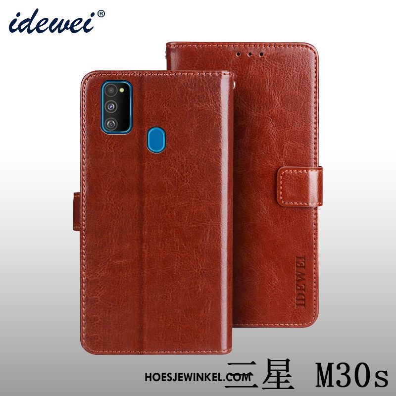 Samsung Galaxy M30s Hoesje Zacht Leren Etui Hemming, Samsung Galaxy M30s Hoesje Clamshell Portemonnee Braun