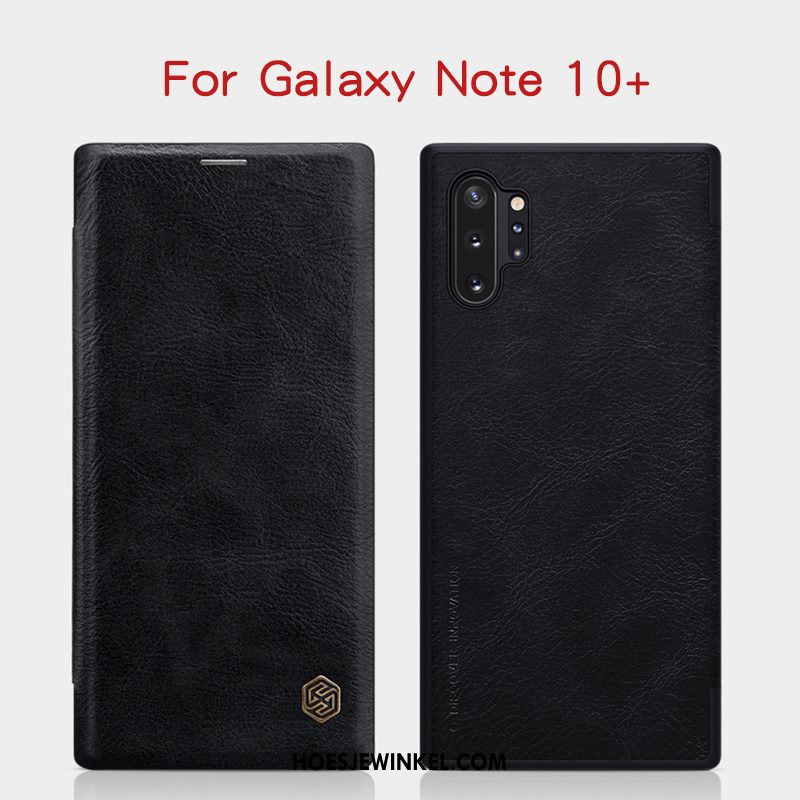 Samsung Galaxy Note 10+ Hoesje Hoes Zwart Leren Etui, Samsung Galaxy Note 10+ Hoesje Goud Ster