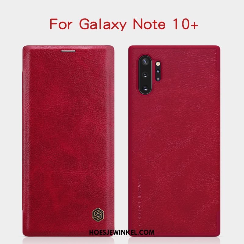 Samsung Galaxy Note 10+ Hoesje Hoes Zwart Leren Etui, Samsung Galaxy Note 10+ Hoesje Goud Ster