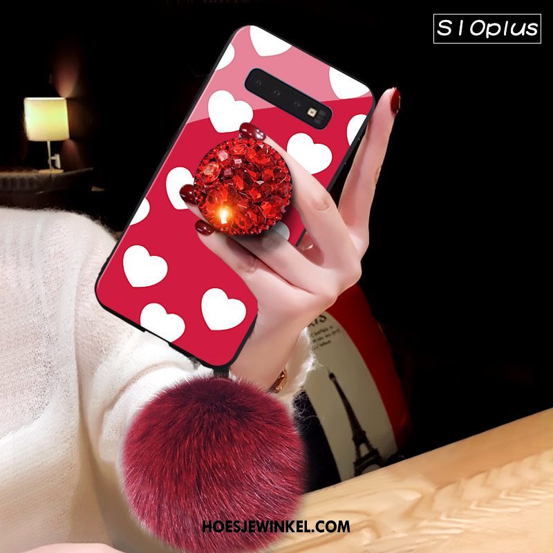 Samsung Galaxy S10+ Hoesje Glas Ster Net Red, Samsung Galaxy S10+ Hoesje Bescherming Pompom