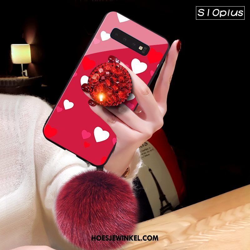 Samsung Galaxy S10+ Hoesje Glas Ster Net Red, Samsung Galaxy S10+ Hoesje Bescherming Pompom