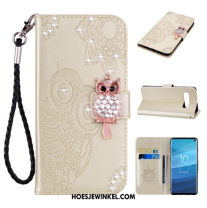 Samsung Galaxy S10e Hoesje Goud Folio Kat, Samsung Galaxy S10e Hoesje Leren Etui Met Strass