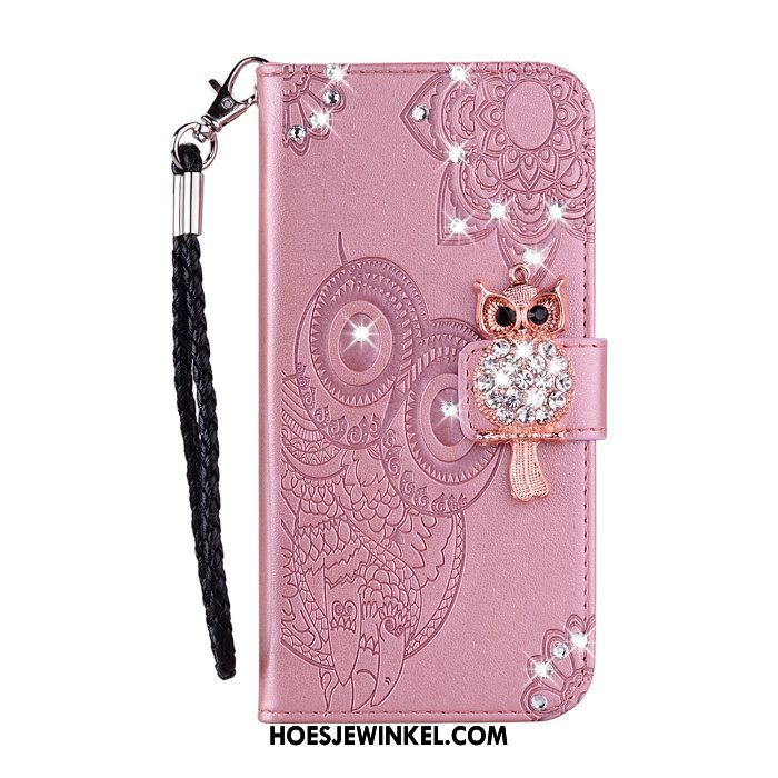 Samsung Galaxy S10e Hoesje Goud Folio Kat, Samsung Galaxy S10e Hoesje Leren Etui Met Strass