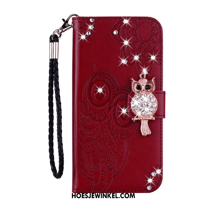 Samsung Galaxy S10e Hoesje Goud Folio Kat, Samsung Galaxy S10e Hoesje Leren Etui Met Strass