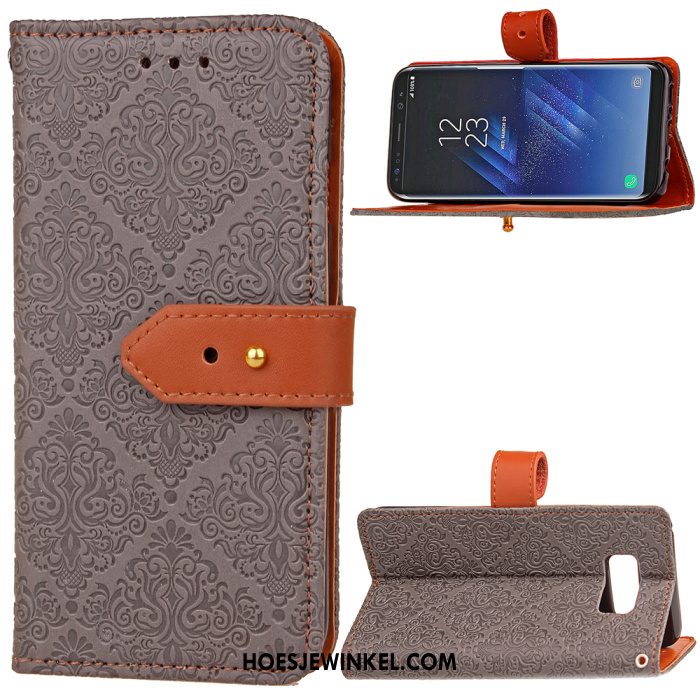 Samsung Galaxy S8 Hoesje Echt Leer Klittenband Leren Etui, Samsung Galaxy S8 Hoesje Rood Ster